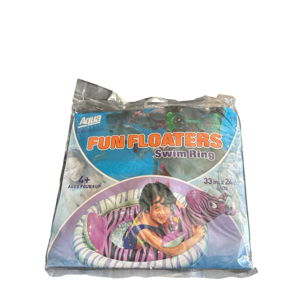 Vintage Aqua Leisure Fun Floaters Swim Ring Purple Zebra Sealed 2001 33x24